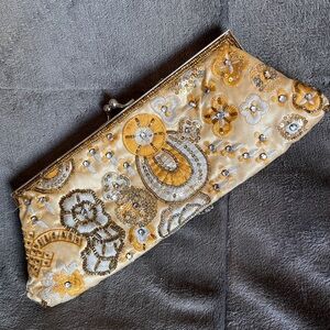 New York & Company Gold Silver Clutch with Ornate Beadwork